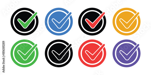 Verified Check Mark Icon Set Vector, Approved Success Circle Border Symbol, Quality Assurance Graphic