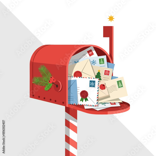 Festive mailbox overflowing with holiday letters and seasonal greetings, spreading joy and anticipation for Christmas cheer, perfect for holiday marketing