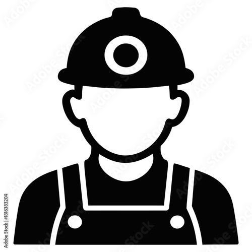 Miner worker icon with safety helmet headlamp silhouette mining profile