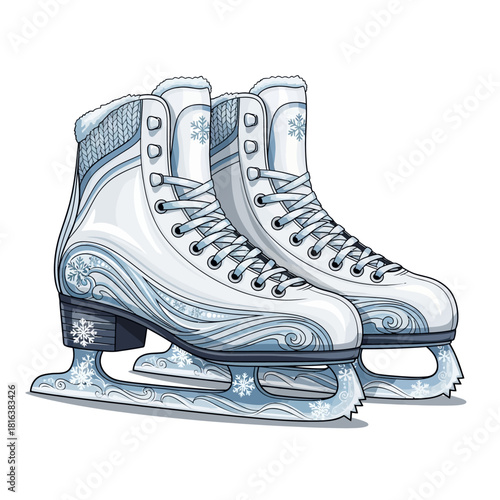 Elegant white figure skates with intricate snowflake design ready for winter sports and holiday fun, conveying the joy and magic of the season