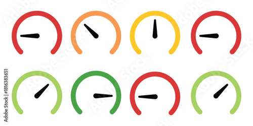 Credit Score Risk Meter Gauge Icon Set Vector, Red Yellow Green Performance Indicator Symbol, Rating Measurement Graphic