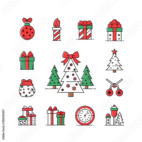 Festive Christmas icons bring holiday cheer and cozy vibes for greetings, gifts, trees, decorations, and joyful celebrations in classic red and green