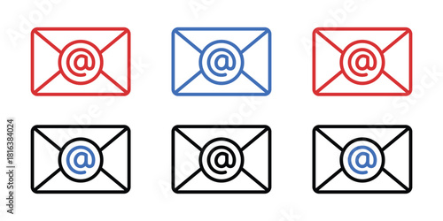 Email Address Icon Set Vector Outline, Envelope At Sign Digital Communication Symbol, Modern Contact Graphic