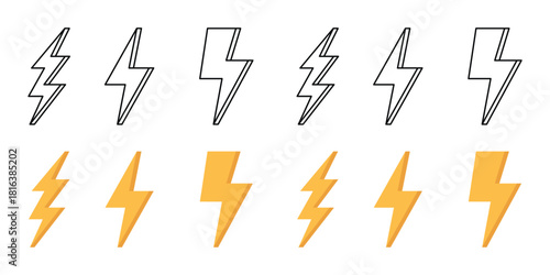 Lightning Bolt Icon Set Outline and Solid Vector, Electric Power Charge Symbol Collection, Energy Speed Sign