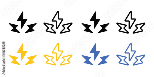 Dual Lightning Bolt Impact Vector Icon Set, Electric Energy Transfer Power Sign, Thunder Strike Symbol Collection