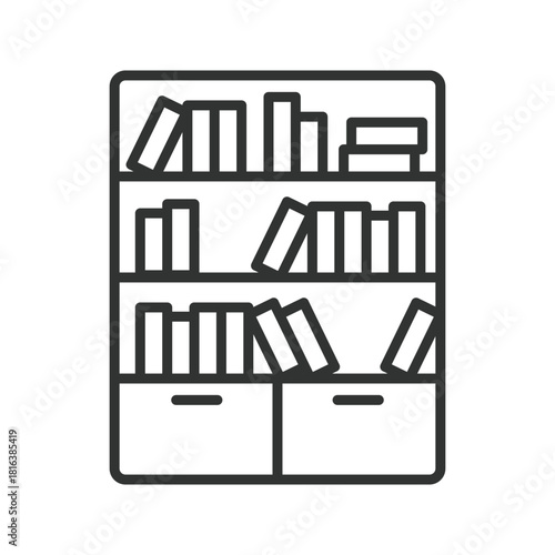 Bookshelf icon in line design. bookshelf, bookcase, shelf unit, storage shelves, home library, interior decor, room furniture on white background vector. bookshelf editable stroke icon