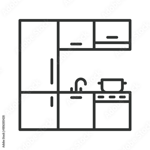 Kitchen set icon in line design. kitchen set, cabinets, kitchen interior, cooking area, home furniture on white background vector. kitchen set editable stroke icon