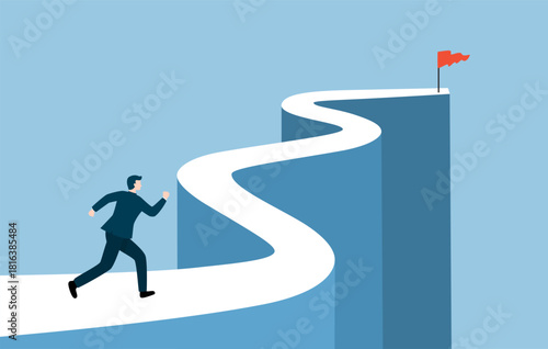 Road to success, Business growth, Skill or ability competition to succeed in a career or job, Businessman in suit holding briefcase running along arrow, Flat vector design illustration.
