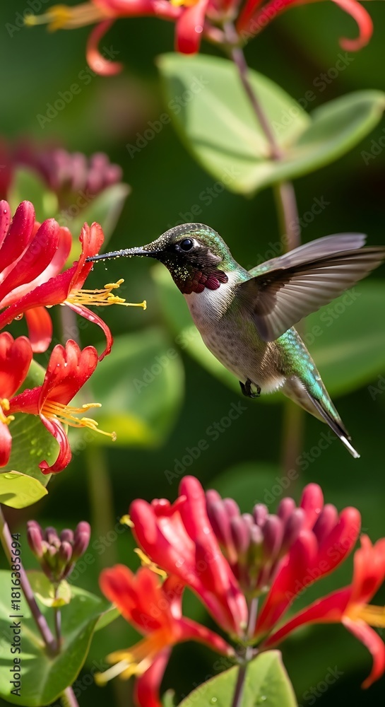 Fototapeta premium A tiny Ruby-throated Hummingbird hovers while feeding on nectar from a vibrant red honeysuckle flower in a lush green garden.