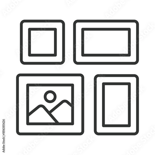 Photo frame set icon in line design. photo frame set, wall frames, picture frames on white background vector. photo frame set editable stroke icon