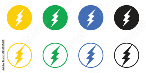 Lightning Bolt Icon Set Vector Illustration, Energy Power Charge Logo Symbol Collection, Thunder Flash Warning Sign