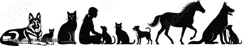 animals, silhouette, dog, cat, horse, person, pet, interaction, sitting, standing, walking, bonding, care, training, black, illustration, domestic, companion, peaceful, design
