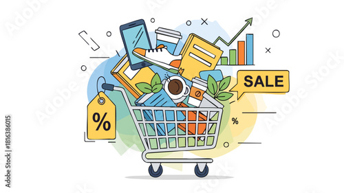 Shopping Cart Filled with Goods for Sale Online Retail Concept