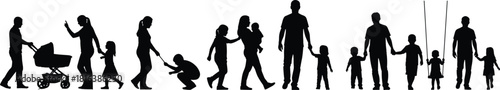 family, silhouette, children, parents, baby, stroller, walking, bonding, interaction, care, growth, development, black, white, motion, activity, support, everyday, parenting, illustration