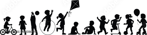 children, silhouette, play, outdoor, activity, motion, black, white, fun, energy, sport, running, biking, jumping, ball, scooter, kite, skating, childhood, illustration