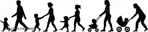 family, silhouette, children, parents, baby, stroller, walking, standing, caregiving, development, growth, toddler, motion, black, white, interaction, support, activity, bonding, illustration