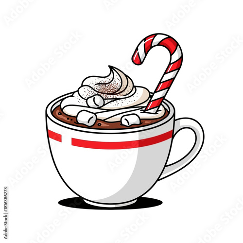 Cozy up with this charming mug of hot cocoa topped with whipped cream, marshmallows and a candy cane for instant holiday cheer and winter warmth