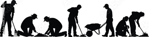 gardening, silhouette, teamwork, rake, shovel, planting, wheelbarrow, soil, outdoor, labor, landscaping, garden, tools, dig, work, activity, black, illustration, manual, horticulture