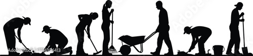gardening, silhouette, teamwork, shovel, rake, planting, wheelbarrow, soil, outdoor, labor, landscaping, garden, tools, dig, work, activity, black, illustration, manual, horticulture
