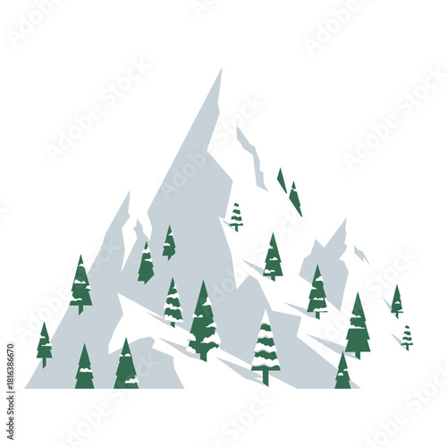 Stunning winter mountain landscape with evergreen trees, perfect for holiday cards, seasonal promotions, and winter-themed designs for a peaceful, calming feel