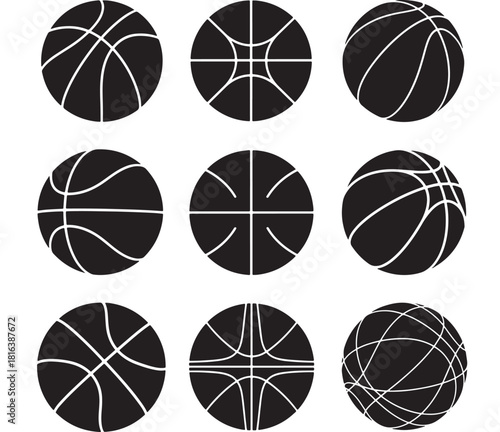 a collection of nine black basketballs with varying line patterns displayed in a grid arrangement on transparent background silhouette high quality professional