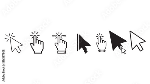 a collection of six distinct black computer cursor icons in various states and styles presented as a striking silhouette on transparent background