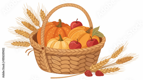 Harvest basket overflowing with vibrant pumpkins and apples, autumnal Thanksgiving celebration and seasonal decor