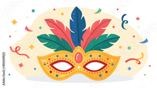 Celebrate Mardi Gras with this festive mask and confetti, a fun colorful party invitation design element for joy