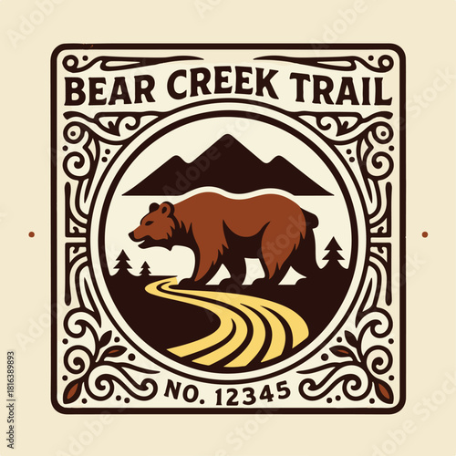 Vintage logo badge of big grizzly bear trail mountain pine tree forest. Old retro editable vector illustration for tshirt design