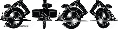 Detailed circular saw and power tool vector silhouette set, featuring different electric saw and blade views for carpentry, construction, and woodworking projects.
