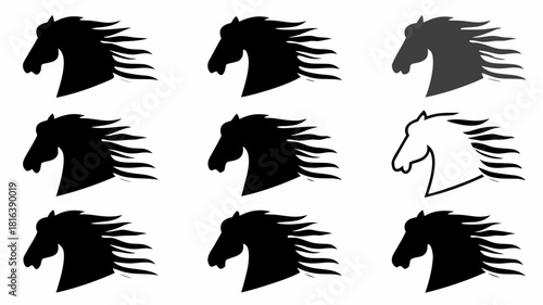 Stunning horse head silhouettes, symbol of freedom and power, perfect equestrian icon for logos, brands, and designs, originally a scalable vector graphic
