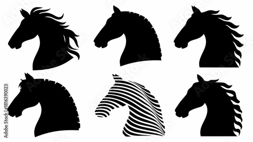 Elegant horse head silhouettes collection for equine enthusiasts and designers, perfect for logos, branding, and unique creative projects. Modern vector art