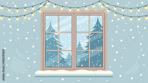 Winter wonderland view from cozy window with snowfall and festive lights, creating holiday cheer