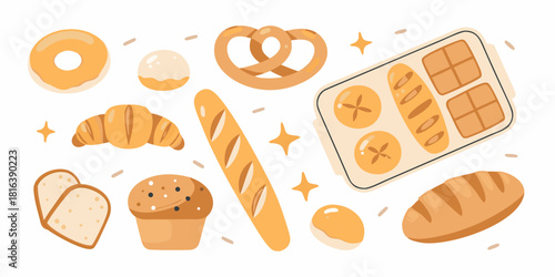 Assorted bakery pastries and breads vector illustration on white background