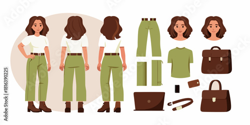 Woman in casual outfit front back side views and accessories