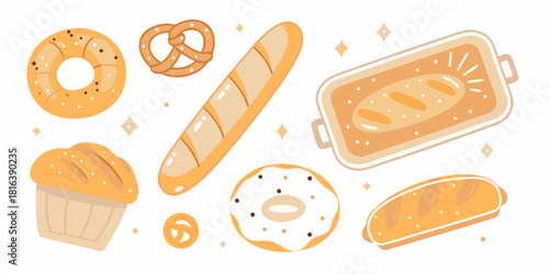Assortment of baked goods bread donuts pretzels and muffin illustration