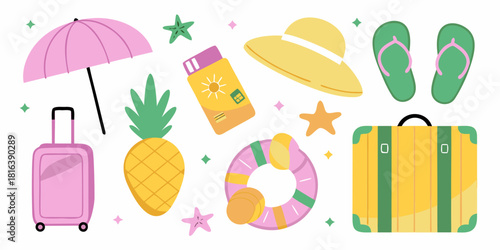 Summer vacation essentials colorful illustration of beach and travel items