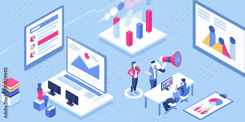 Isometric business meeting with data analysis and presentation on digital devices