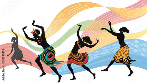 Vibrant cultural celebration with dancing women silhouettes, expressive art, colorful ethnic fashion and joyful movement