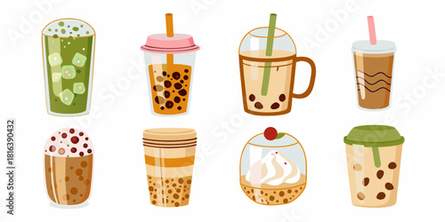 Variety of bubble tea drinks with different flavors and toppings