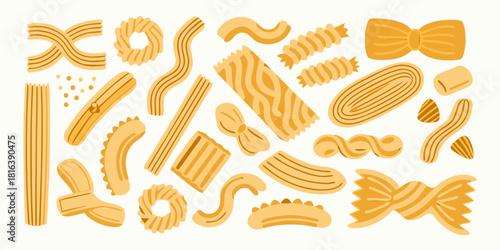 Assorted pasta types in a flat vector illustration style on white background