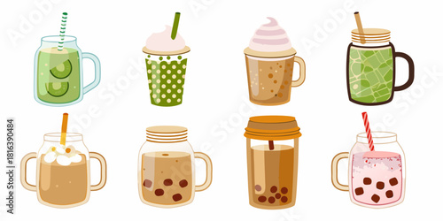 Cute cartoon bubble tea and smoothie drinks illustration set