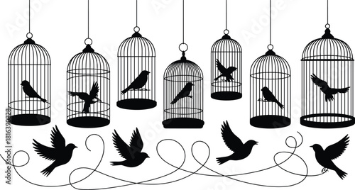 Birdcage and bird silhouette collection with decorative swirls, vintage hanging cages, flying birds, elegant ornamental vector elements for art and design