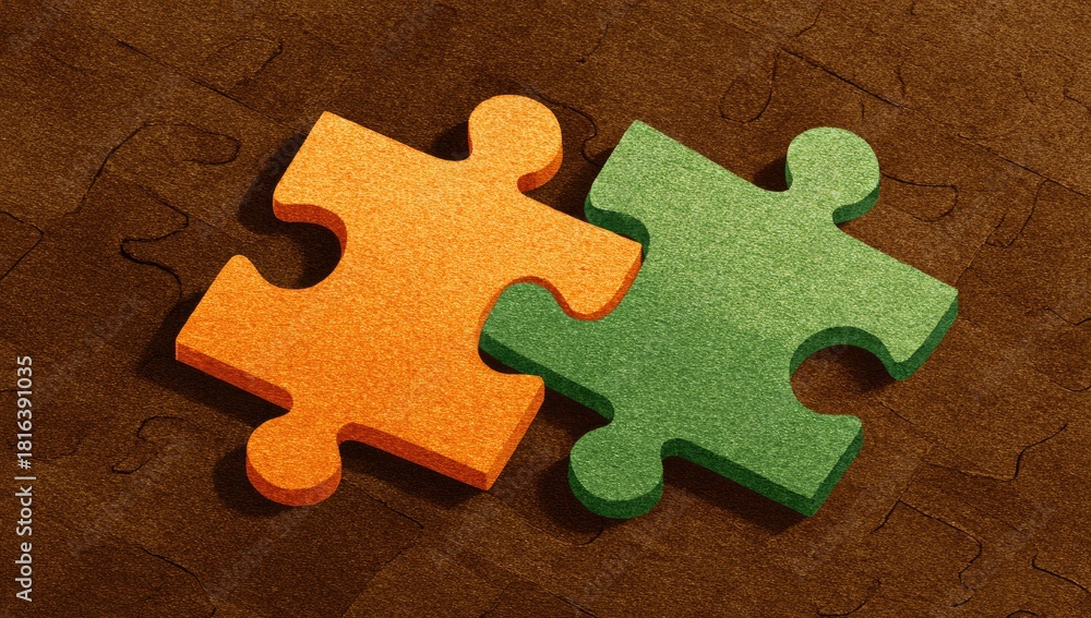 Fototapeta premium Two puzzle pieces, orange and green, fitting together on a wooden puzzle background