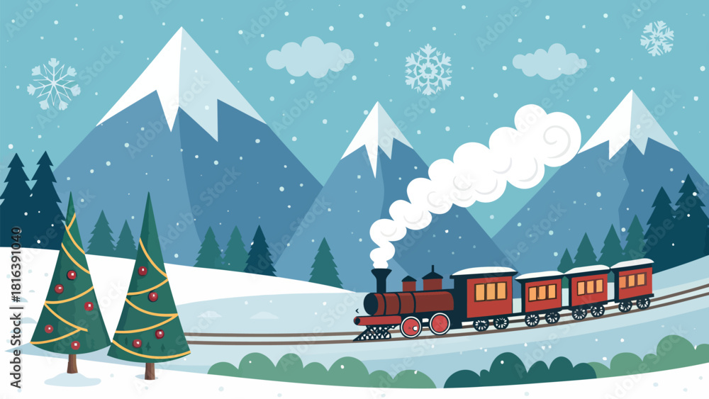 Naklejka premium Enchanting winter holiday scene with a charming red train amidst snow-covered mountains and festive trees