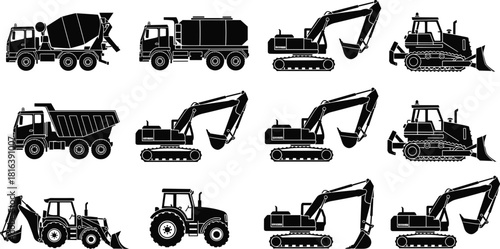 Heavy construction and industrial machinery vector silhouette set, featuring excavator, bulldozer, dump truck, cement mixer, tank truck, and backhoe loader graphics.