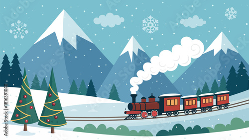 Enchanting winter holiday scene with a charming red train amidst snow-covered mountains and festive trees