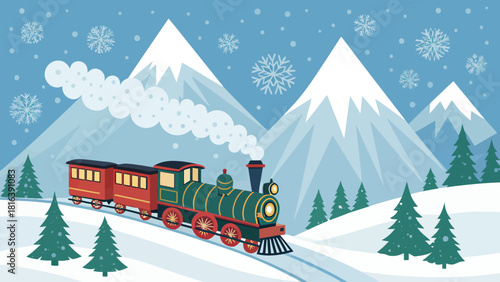 Charming vintage steam train traveling through snowy mountain landscape in winter wonderland scene for holiday season fun