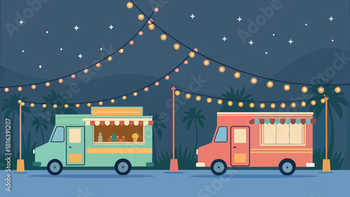 Fun food truck festival under the stars, perfect for summer events, street fair, and social gatherings
