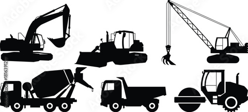 Heavy construction machinery vector silhouette set, featuring excavator, bulldozer, cement mixer truck, road roller, tracked crane, and dump truck graphics for industry.